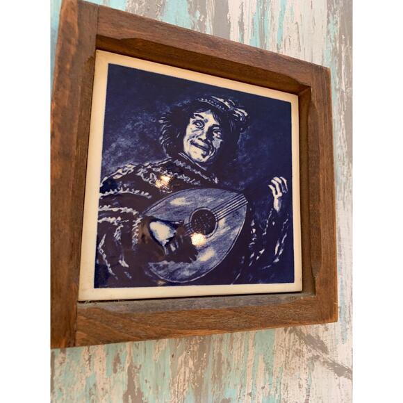 Vintage 5.5" Square Cobalt Tile in Wooden Frame Minstrel Portrait Blue White - Picture 2 of 7